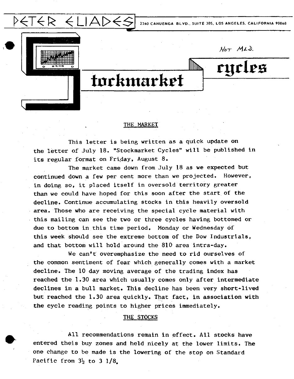 Typewritten page of an early Stockmarket Cycles newsletter