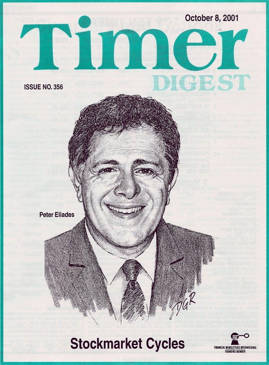 Timer Digest cover from October 8, 2001, with an illustrated portrait of Peter Eliades